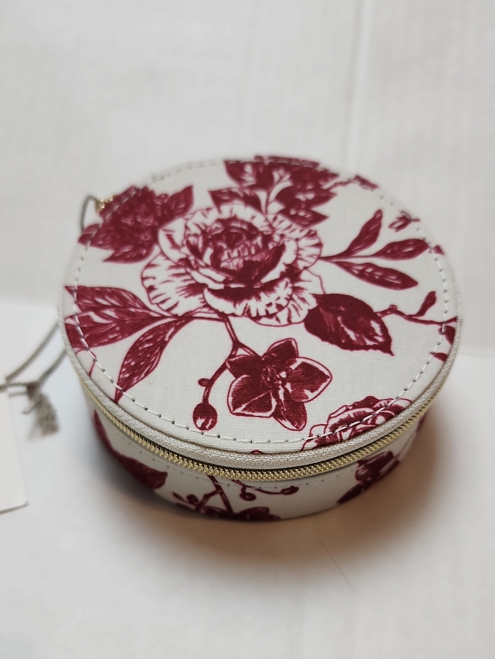 a new day Round Floral Jewelry Case - White and Burgundy
